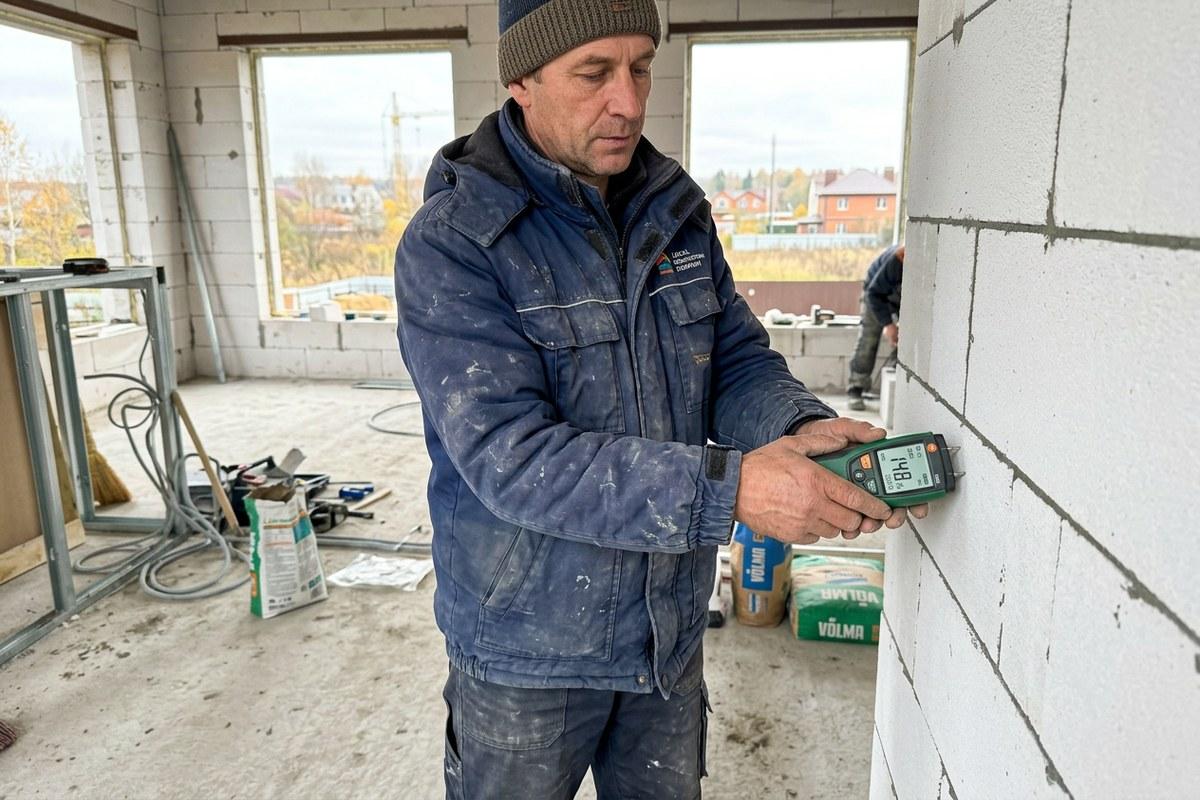 Влагомер на белом автоклавном газобетонном блоке — контроль отпускной влажности